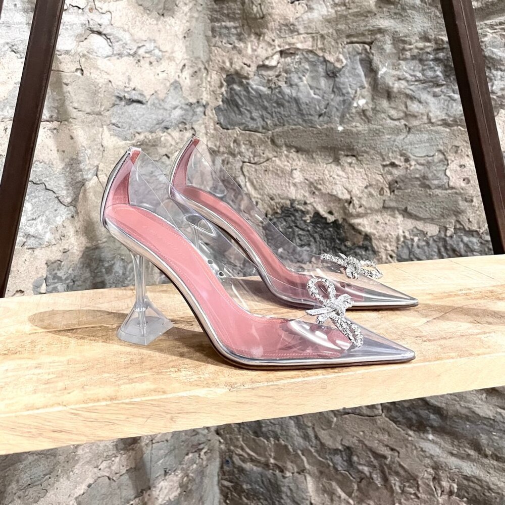 Amina Muaddi Rosie Glass Pointy Pump with Bow Accent
